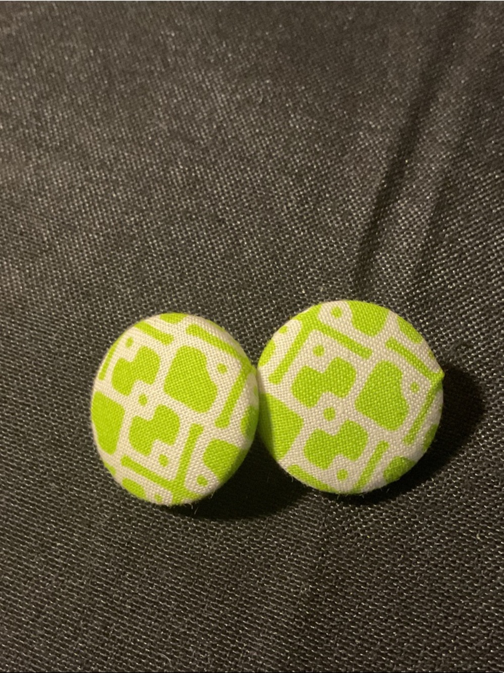 Green and White Geometric Fabric Button Earrings